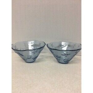 2 Blue Textured Glass  Ruffle Edge Serving Bowl 6" Sea Shells And Stars